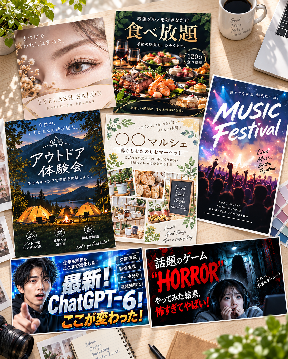 Instagram広告、イベントチラシ、YouTubeサムネイルを並べた販促物の制作イメージ